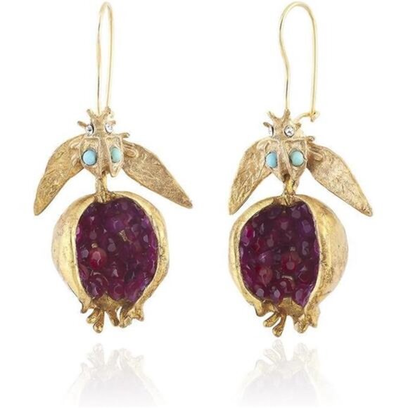 Gold Pomegranate Earrings Red Gemstone Statement Dangles - Picture 3 of 6